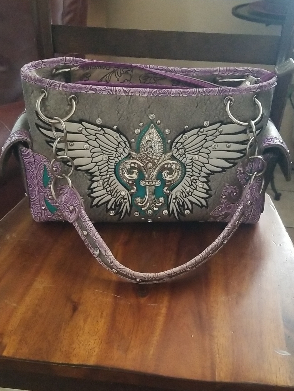 Winged Fleur-Decor Shoulder Bag in Purple, Gray and Teal